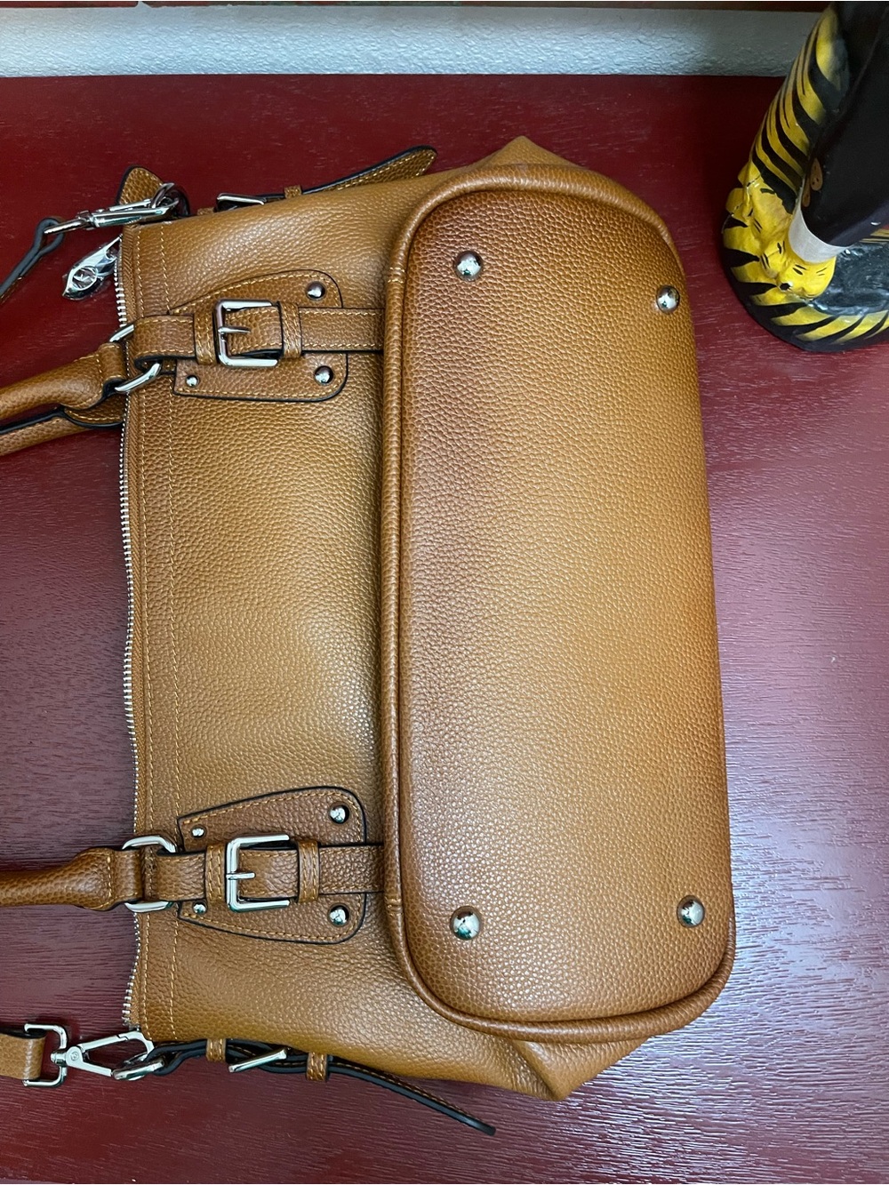 HESHE Cognac Genuine Leather Satchel Shoulder Crossbody Bag - Picture 8 of 11
